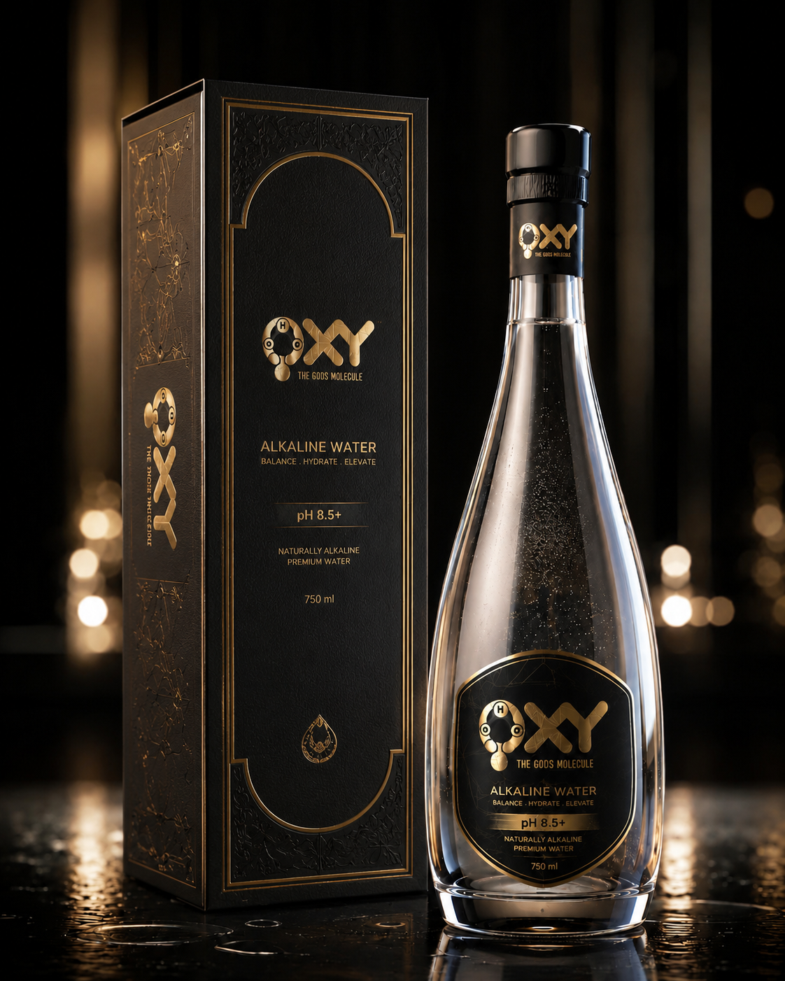OXY The Gods Molecule premium 750 ml alkaline water glass bottle and light-protective carton packaging